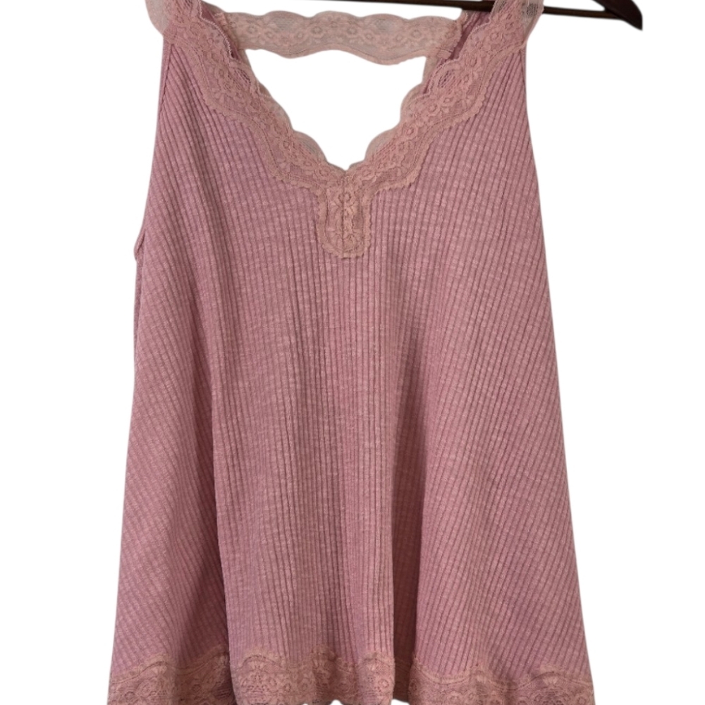 POL Wendy Lace Ribbed Tank Soft Pink Boho Coquette Boutique NWT Small